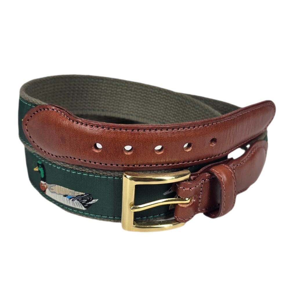 ORVIS DUCK EMBROIDERED CANVAS & LEATHER BELT – SIZE 36 – SOLID BRASS BUCKLE